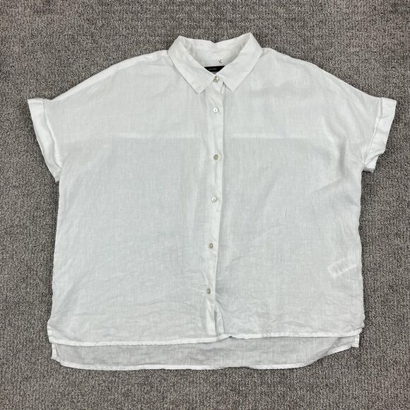 Tahari Shirt Womens Large White 100% Linen Button Front Short Sleeve Collared - Picture 1 of 7